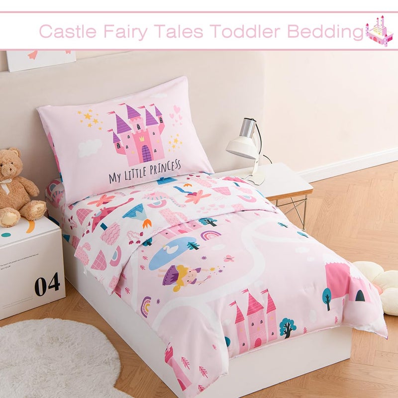 PERFEMET 4 Pieces Girls Toddler Bedding Set Pink Castle Fairy Tales Toddler Comforter Set Reversible Colorful Rainbow Princess Printed Toddler Bed Set with Sheets(Pink  Castle) - Image 2